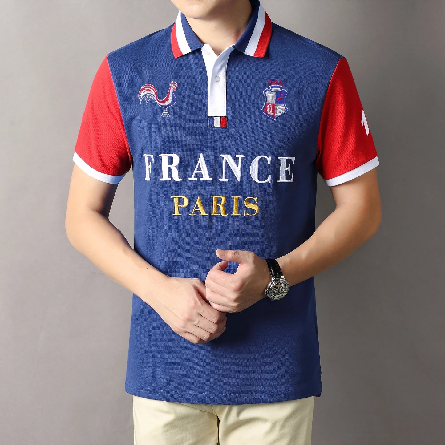 Men's polo shirt Paris France embroidery stitching color contrast classic fashion original design polo collar pure cotton