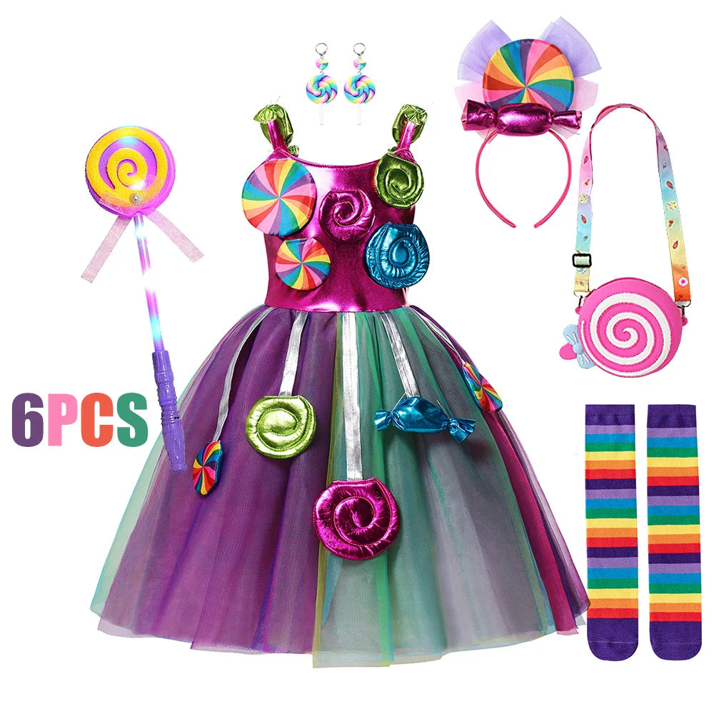 Girls Rainbow Dress Candy Costume Sweet Lollipop Festival Purim Carnival Party 3-10y Children Clothing with Candy Wing Stage Sho