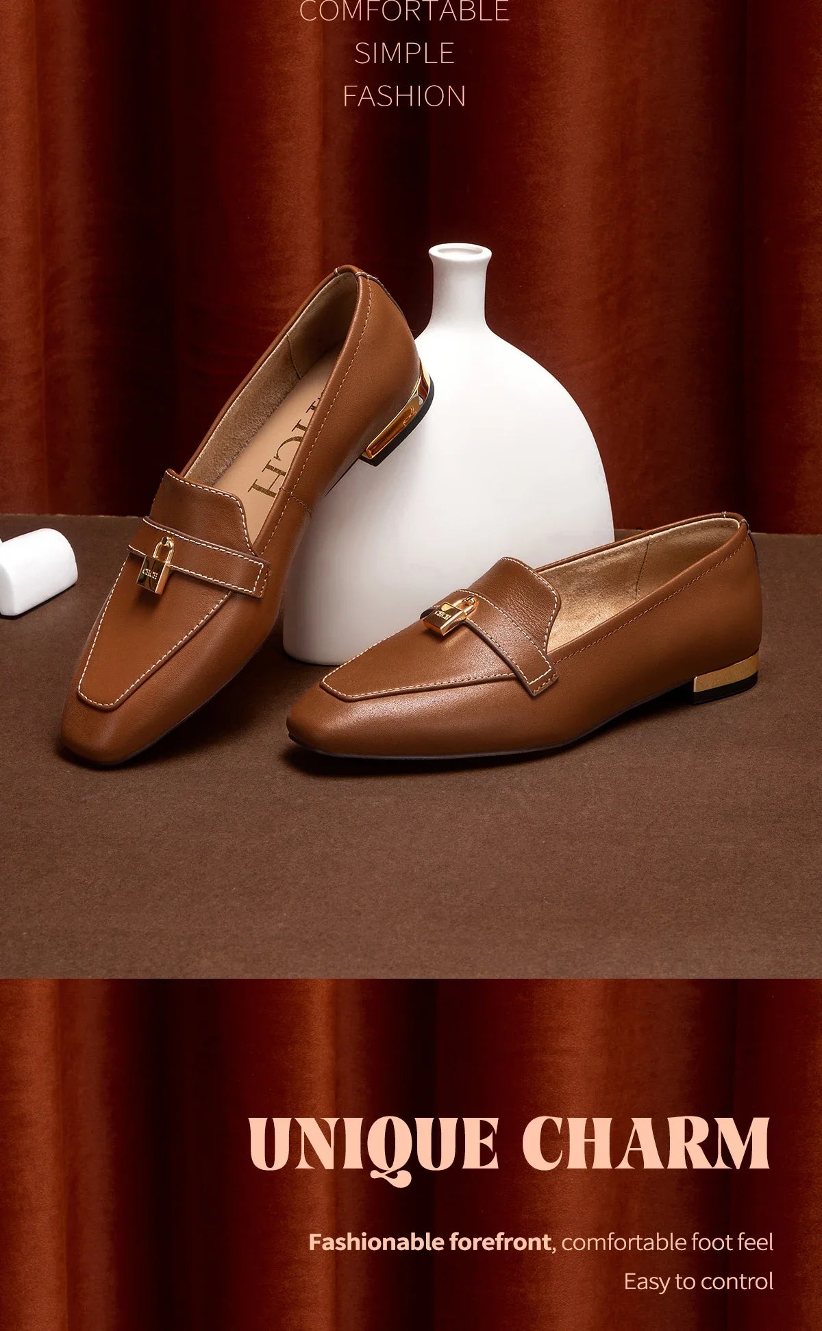 Women's Leather Loafers with Gold Lock Detail Square Toe Low Heel Penny Casual Office Slip-On Dress Shoes for Woman