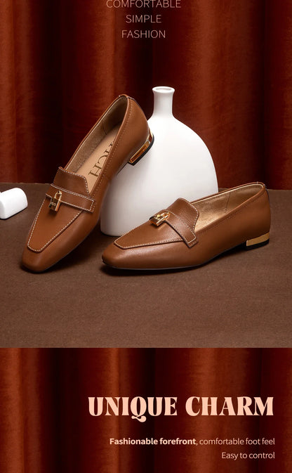 Women's Leather Loafers with Gold Lock Detail Square Toe Low Heel Penny Casual Office Slip-On Dress Shoes for Woman