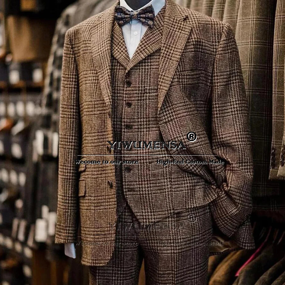 Elegant Business Suits Men 3 Pieces Formal Party Houndstooth Wool Blazers Customized Man Banquet Groom Wedding Tuxedos British