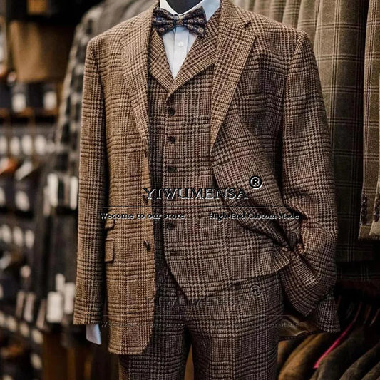 Elegant Business Suits Men 3 Pieces Formal Party Houndstooth Wool Blazers Customized Man Banquet Groom Wedding Tuxedos British