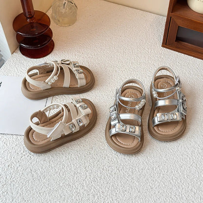 Girls' rhinestone sandals 2025 Summer New children's perforated breathable princess shoes Girls' soft-soled beach shoes