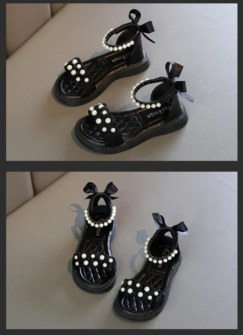 Children's Sandals Summer Bowtie Princess Shoes for Girls Fashion Sweet Kids Causal Pearl Roman Sandals Solid Color Hook Loop