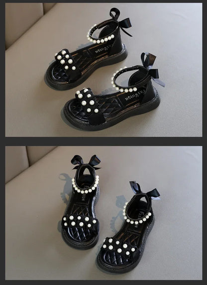 Children's Sandals Summer Bowtie Princess Shoes for Girls Fashion Sweet Kids Causal Pearl Roman Sandals Solid Color Hook Loop