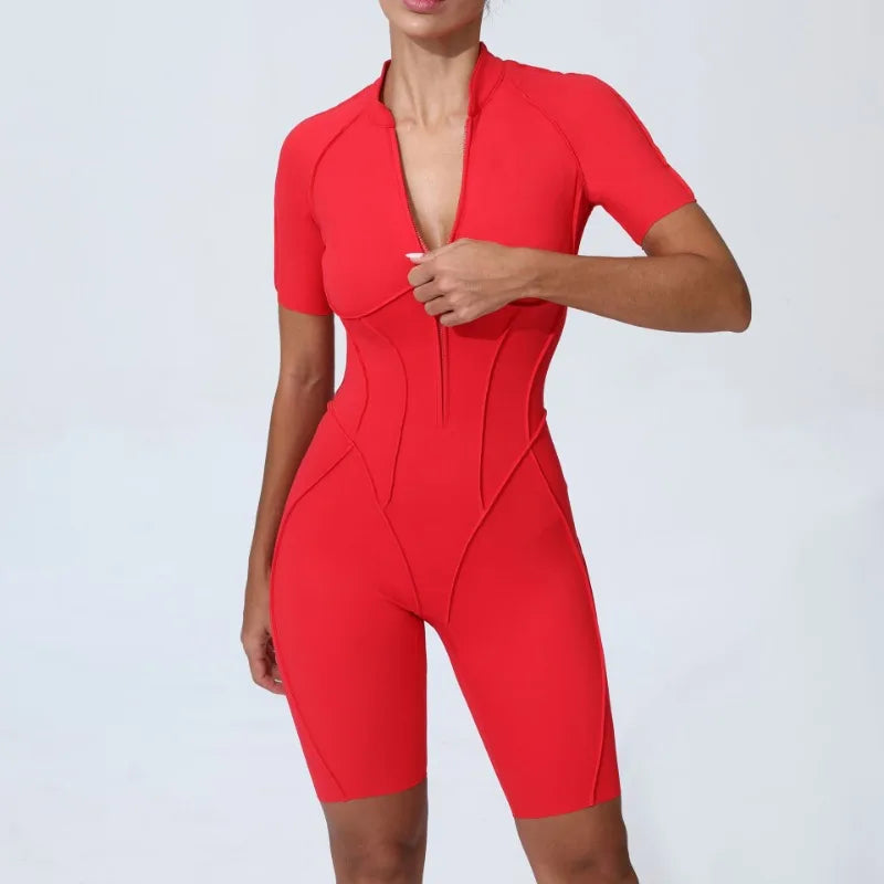 Zipper Short-sleeved Yoga Sports Fitness Jumpsuits Sets Without Chest Pad Tight Bodysuits Shorts Gym Workout Clothes for Women