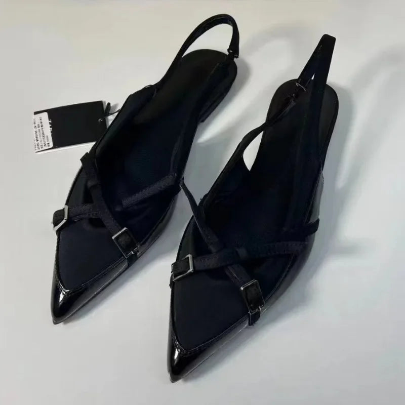 High Quality Women Flat Sandals Cross Strap Buckle Trend Black Office Lady Shoes Pointed Toe Luxury Designer Summer Footwear