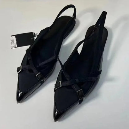 High Quality Women Flat Sandals Cross Strap Buckle Trend Black Office Lady Shoes Pointed Toe Luxury Designer Summer Footwear