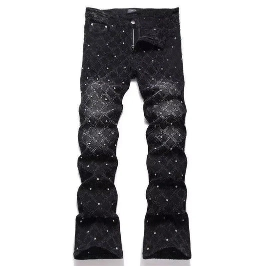 Autumn and Spring New Fashion Trend Retro High Street Printed Elastic Denim Pants Men's Casual Sports High Quality Jeans