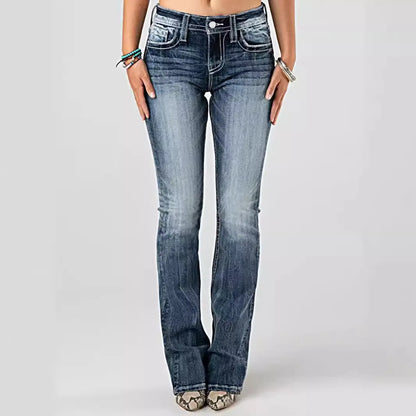 Women Embroidery Pockets Distressed Jeans