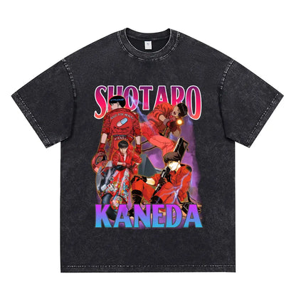 Japanese Anime Akira Washed Vintage T Shirt Science Fiction Cartoon Movie Shotaro Kaneda T-shirt Men Women Cotton Casual T-shirt