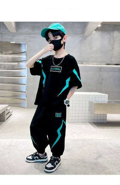Summer Boys Cotton Alphabet Lightning T-Shirt Tops+Sweatpant School Kids 2PCS Tracksuit Child Jogger Outfit Workout Set 5-14 Yr