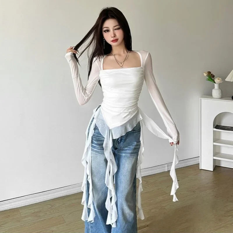 Long Sleeve Sexy T-Shirts Fashion Women Y2K Irregular Asymmetrical Korean Crop Tops Casual Sheer Mesh Autumn Chic Tees