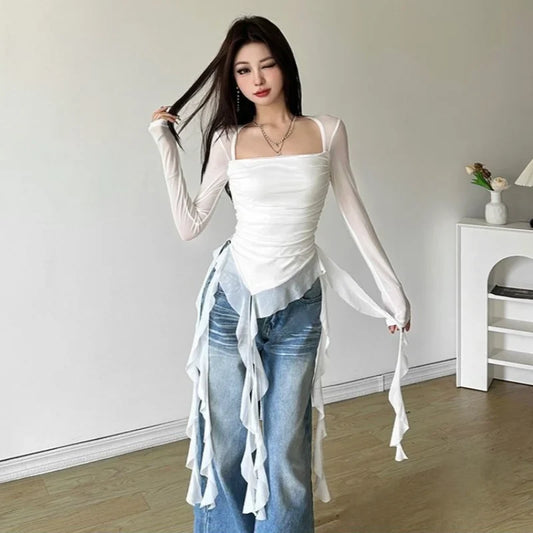 Long Sleeve Sexy T-Shirts Fashion Women Y2K Irregular Asymmetrical Korean Crop Tops Casual Sheer Mesh Autumn Chic Tees