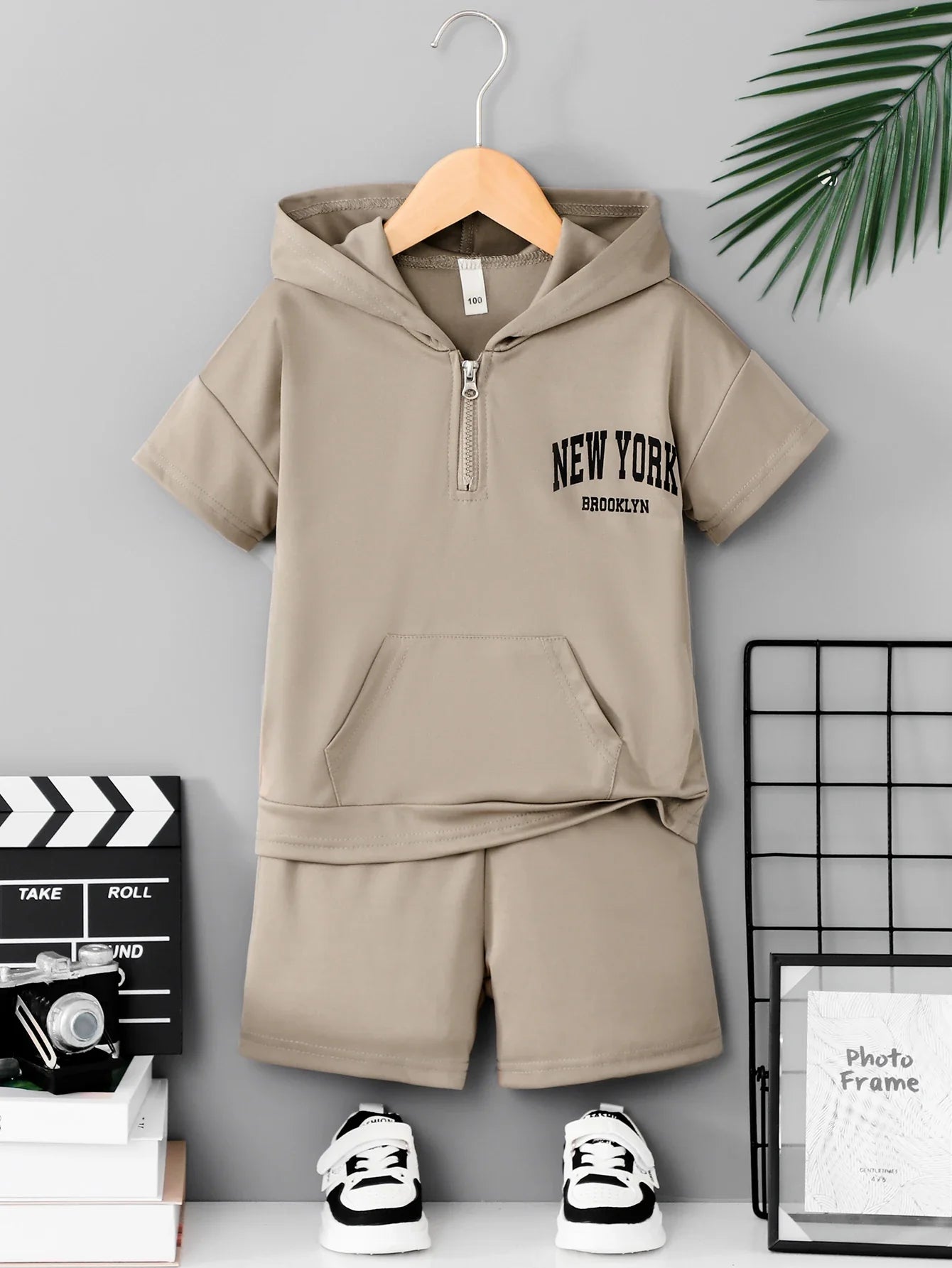 Boys Khaki Letter Print Half Zip Hooded 2Pcs Summer Set, Short Sleeve Hoodie + Shorts, Kids Casual Outfit 3-12Y