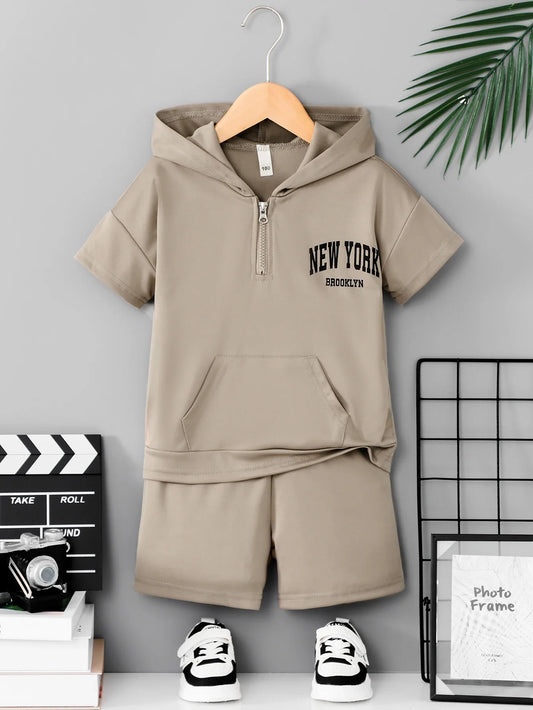 Boys Khaki Letter Print Half Zip Hooded 2Pcs Summer Set, Short Sleeve Hoodie + Shorts, Kids Casual Outfit 3-12Y