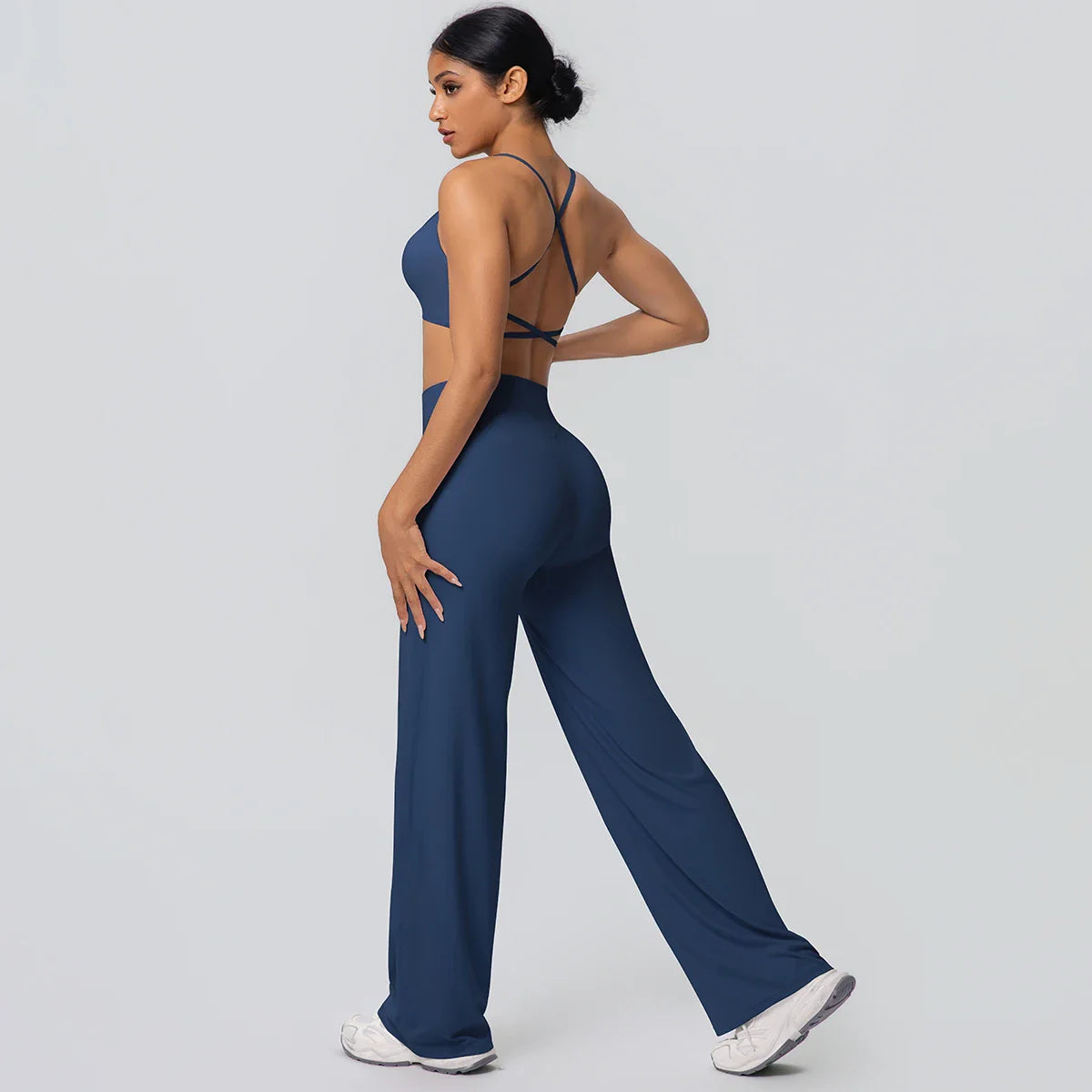 Women Gym Sports Yoga Suit Sexy Beautiful Back Yoga Underwear With Chest Pad Solid Color High Waisted Wide Leg Pants Yoga Set