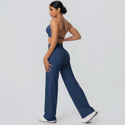 Women Gym Sports Yoga Suit Sexy Beautiful Back Yoga Underwear With Chest Pad Solid Color High Waisted Wide Leg Pants Yoga Set