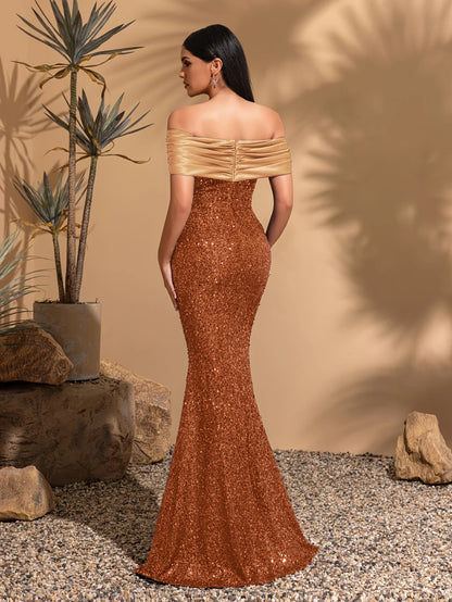 Off-the-shoulder pleated hip-hugging dress, elegant and chic dress