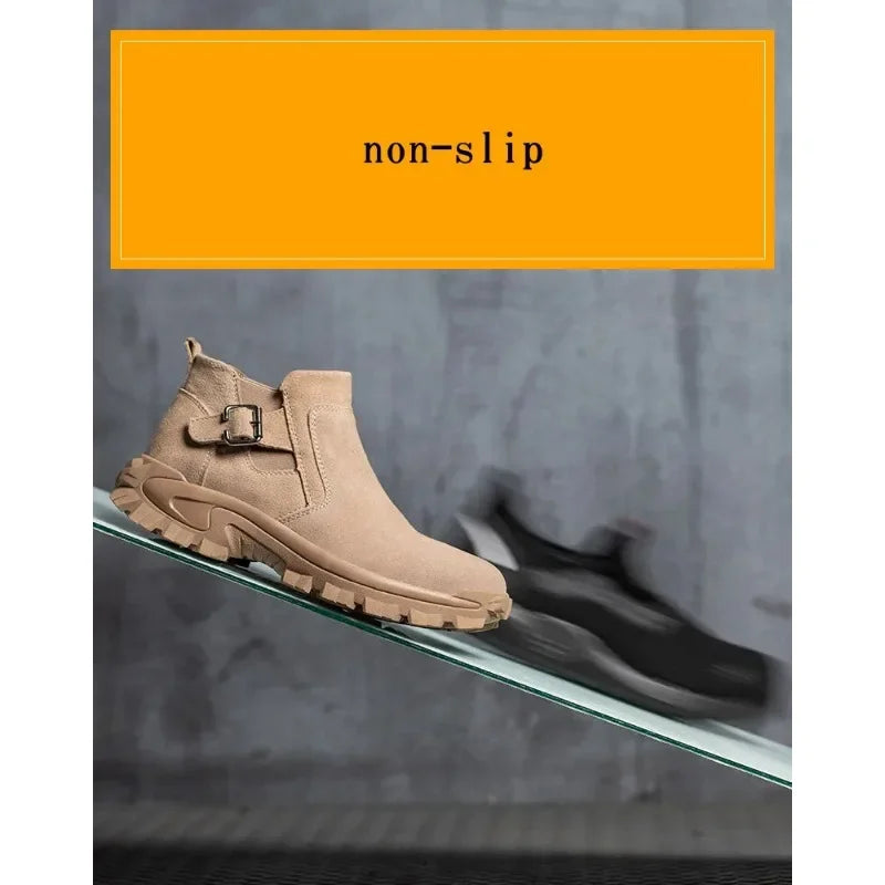 Cowhide and Suede Work Shoes  Outdoor Anti Smashing Safety Desert Boots Chelsea Men's Fashionable Steel Toe Cover Safety Boots