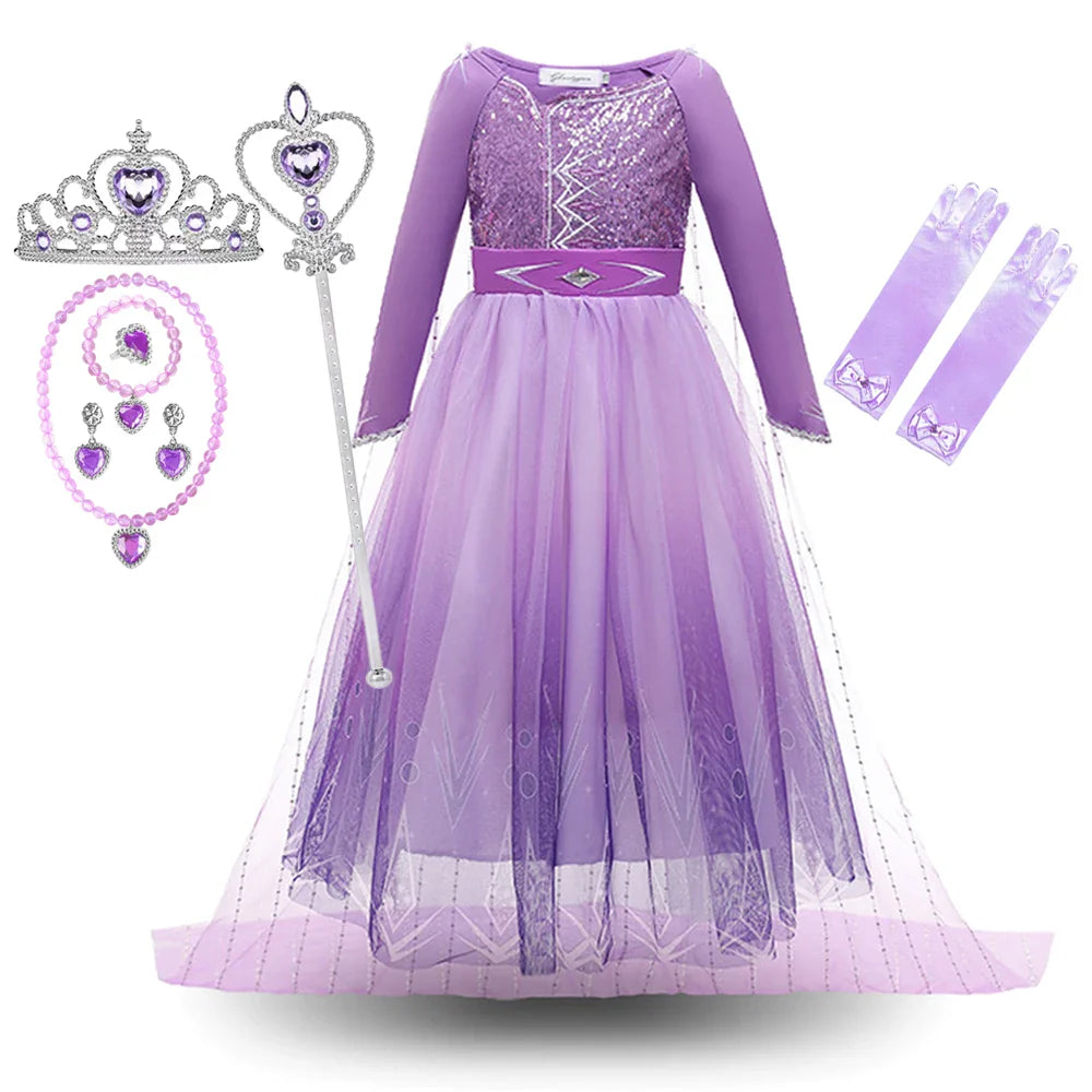 2026 Princess Girl Dress Snow Queen Halloween Cosplay Elsa Party Purple Costume Role Play Clothes Children Outfit Dress