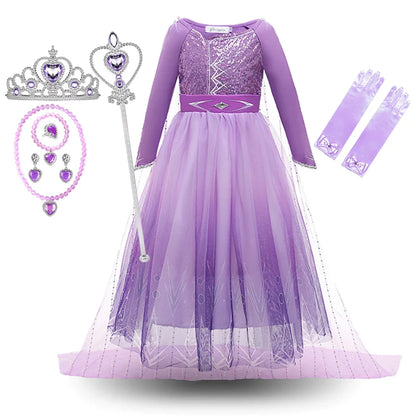 2026 Princess Girl Dress Snow Queen Halloween Cosplay Elsa Party Purple Costume Role Play Clothes Children Outfit Dress