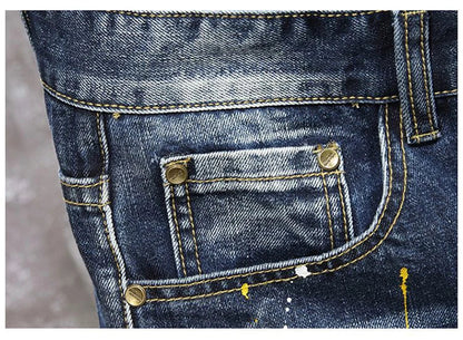 2025 Summer New Fashion Men's Graffiti Ripped Short Jeans Casual Slim Big Hole Retro Style Denim Shorts Male Brand Clothes