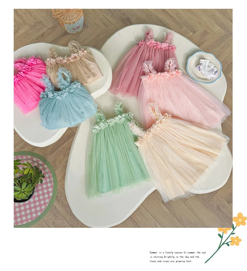 1-6 Y Girls Dresses  3D Flower A Line Dress for Girls Sleeveless Camisole Mesh Dress