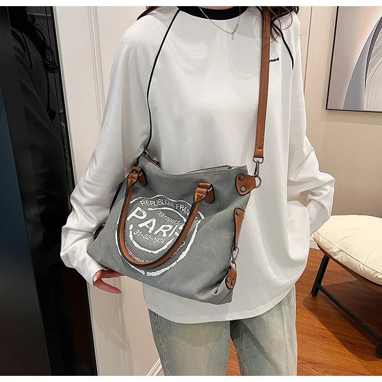 Portable Canvas New Trend Fashion Women's Bag Letter Large Capacity Tote Bag Leisure Commuting Single Shoulder Diagonal Span