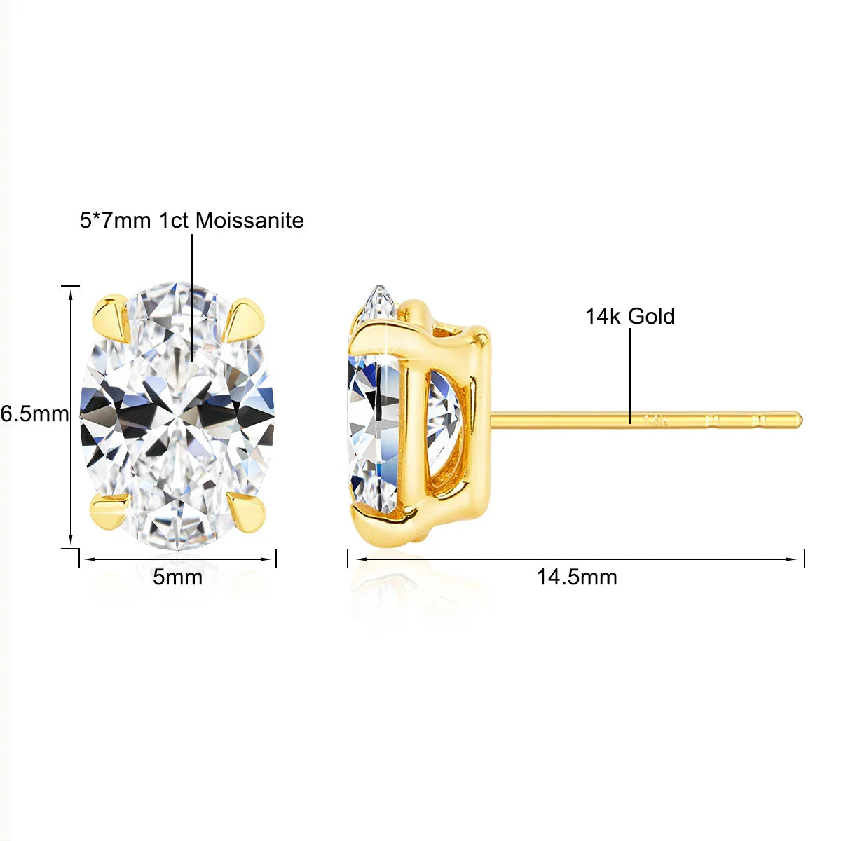 Classic 14K Gold Oval Cut Moissanite Diamond Stud Earrings for Women 0.5ct 1ct 2ct Elegant Bride Wedding & Engagement Jewelry