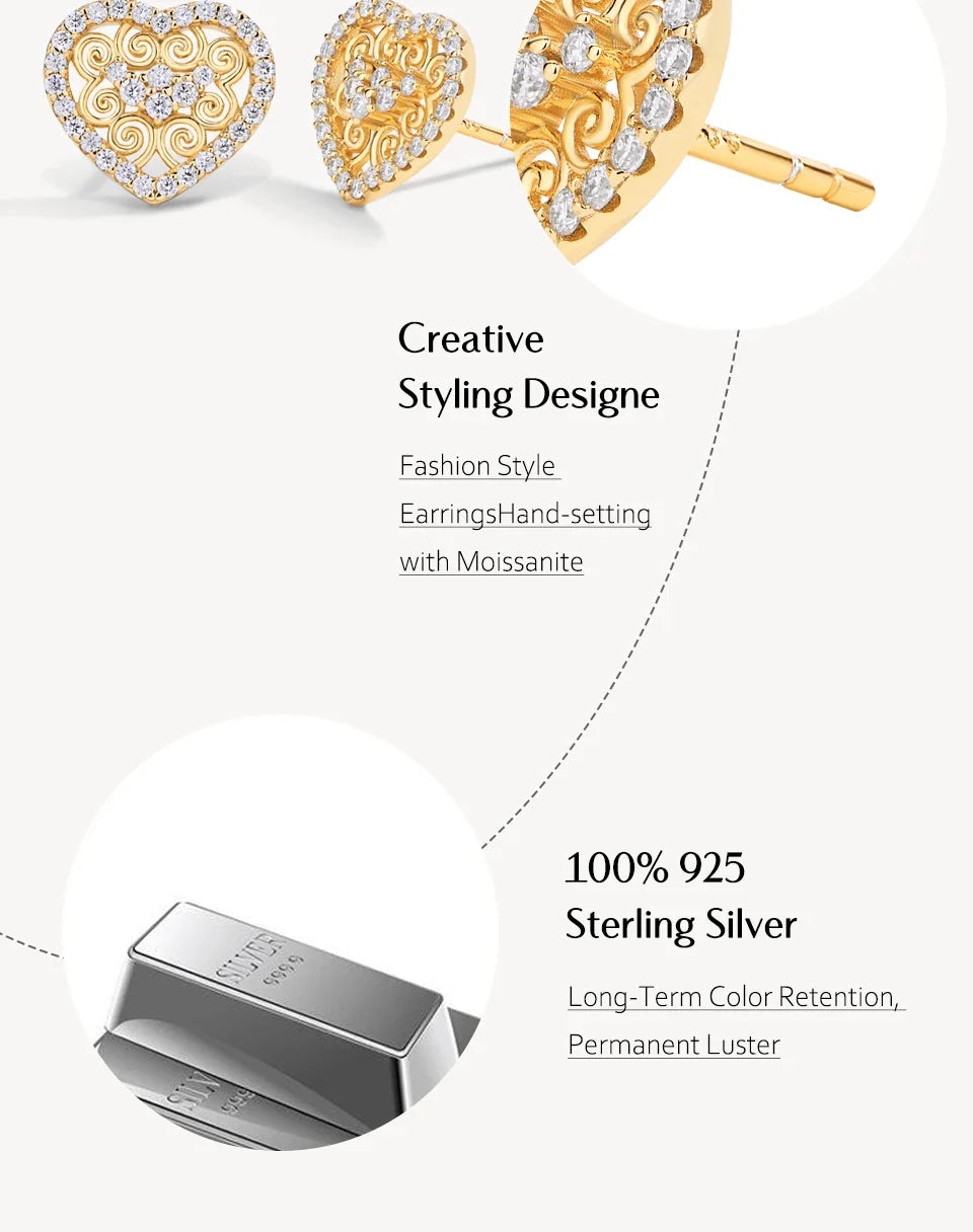 Luxury Heart Shape All Moissanite Earrings for Women D VVS1 Color s925 Sterling Silver Fine Jewelry Mother's Day Gifts