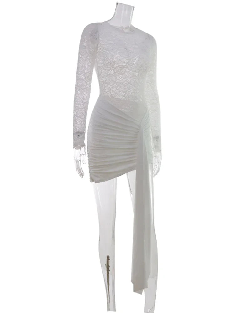 Lace Sheer Bodycon Sexy Club Women Dresses Solid Hip Wrap Fitness Skinny Trendy O Neck Long Sleeve Female Streetwear