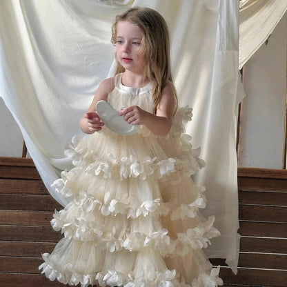 2025 Spring Summer New Children Clothing Girls Neck Hanging Flower Layered Long Dress Korean Children Birthday Princess Dress