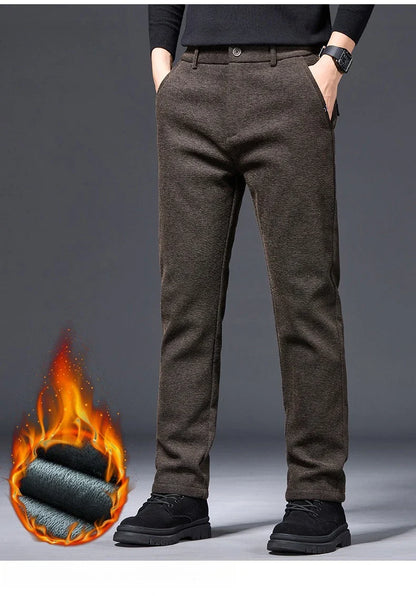 Men's Winter Fleece Elastic Casual Pants Thick Warm Soft Business Stretch Slim Trousers Streetwear Fashion Korean Brand Clothes