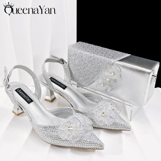 Elegant Silver Pointed-Toe High Heels Shoes with Diamond Accents & Matching Bag - Ideal for Party Elegance