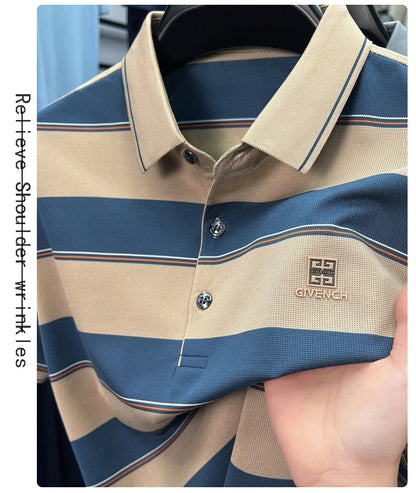 Light luxury striped color blocked short sleeve polo shirt brand symbol emboss high-end casual summer silky smooth men's T-shirt