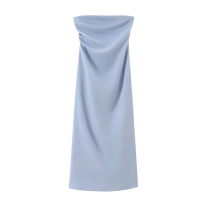 Women Fashion Strapless Gathered Midi Dress Sexy Straight Neck Back Slit Female Dresses Vestidos Mujer