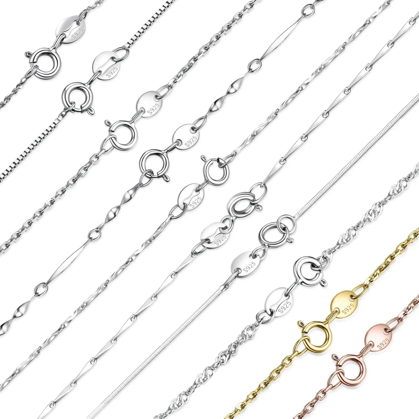 Genuine 100% 925 Sterling Silver Necklace Ingot Twisted Trace Belcher Snake Bar Singapore Box Chain Necklace Women