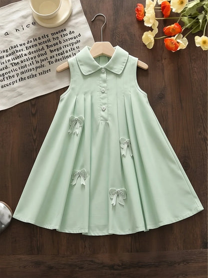 Girl's Summer Fresh Daily Casual Style Green Sleeveless Back Big Bow Flip Collar Half Open Dress Skirt Bow Decoration
