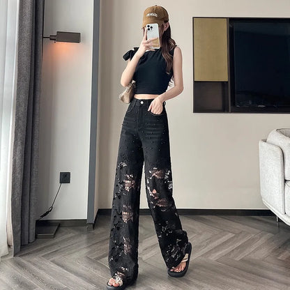 Y2k Women's cute jeans High Leg Waisted Denim Pants