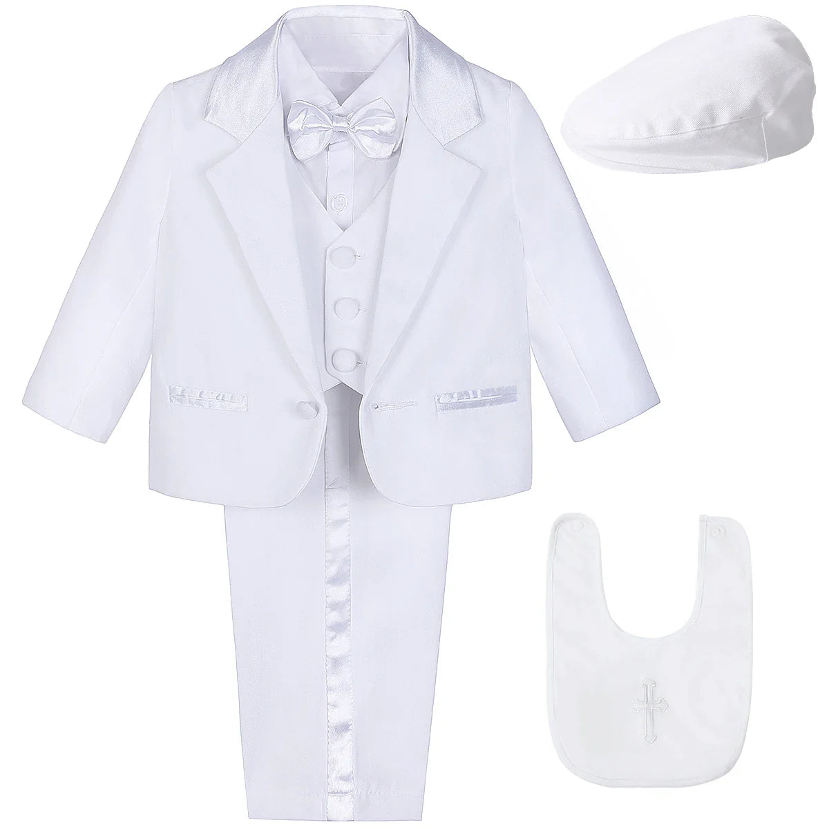 Baby Boy Baptism Outfit Infant White Christening Suit with Hat Toddler Wedding Birthday Party Clothing Long Sleeved Tuxedo 5PCS