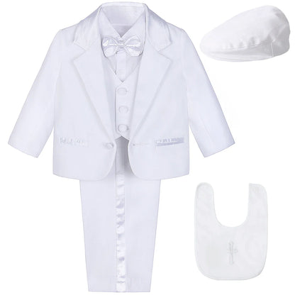 Baby Boy Baptism Outfit Infant White Christening Suit with Hat Toddler Wedding Birthday Party Clothing Long Sleeved Tuxedo 5PCS