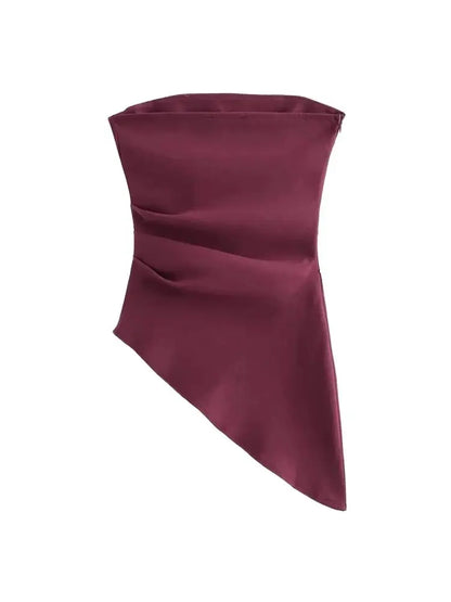 Women's Strapless Asymmetric Pleated Bustier Tops, Straight Neck, Side Zipper, Female Camis, Sexy Fashion
