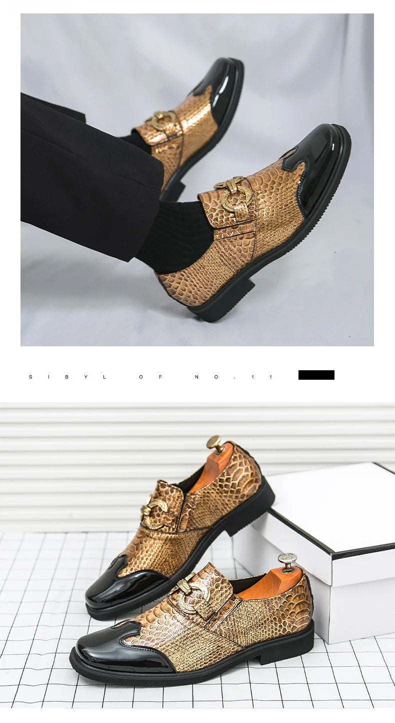 A man with a square-headed fish-scale patterned shiny leather shoe walked the runway in a formal business Derby groom's shoes