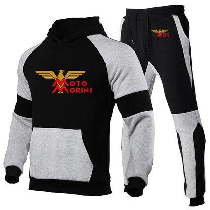 2024 Spring Autumn Men's Moto Morini Logo Print Sports Splicing Cotton Hooded Tracksuit+Jogging Sweatpants Trend Comfortable Set