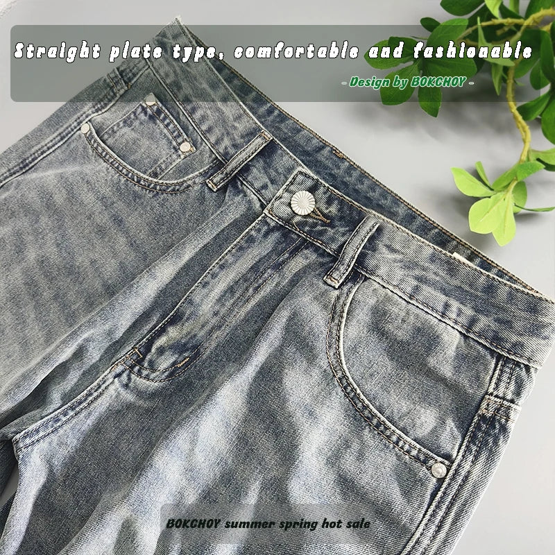 Summer Spring New Cotton Vintage Casual Jeans for Men Clothing Washed Soft Loose Straight Man Pants Baggy Jeans KK1056