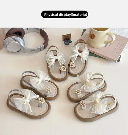 Summer Girl's Sandals Clip-toe Bowknot Elastic Band Soft Sole Kids Sliders Beautiful Pu Leather Chunky Morden Children Shoes