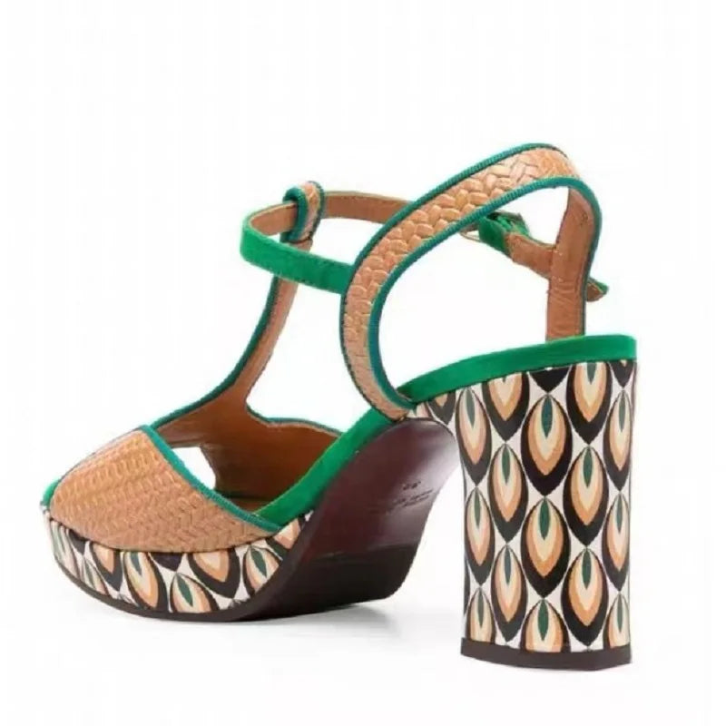 Genuine Leather Shoes High Heels Women Luxury Platform Sandals Thick Heels Designer Square Ladies 36-44