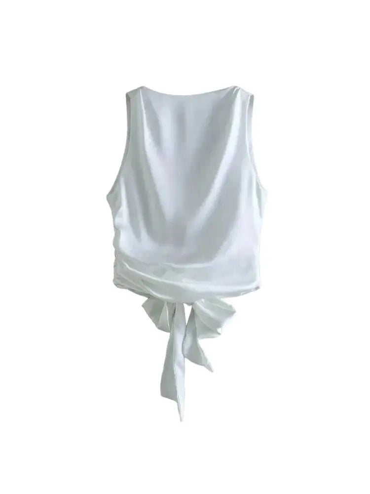 Women Sexy Fashion With Tied Satin Back Open Crop Blouses O Neck Sleeveless Female Shirts Blusas Chic Tops