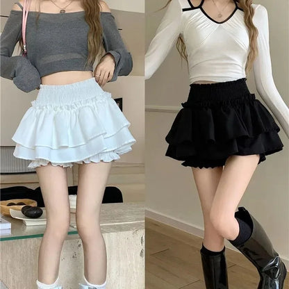 Korean Fashion Mini Skirt Women Elastic High Waist Ruffle Layered Balletcore Sexy Cute Lolita Y2K Short Skirt